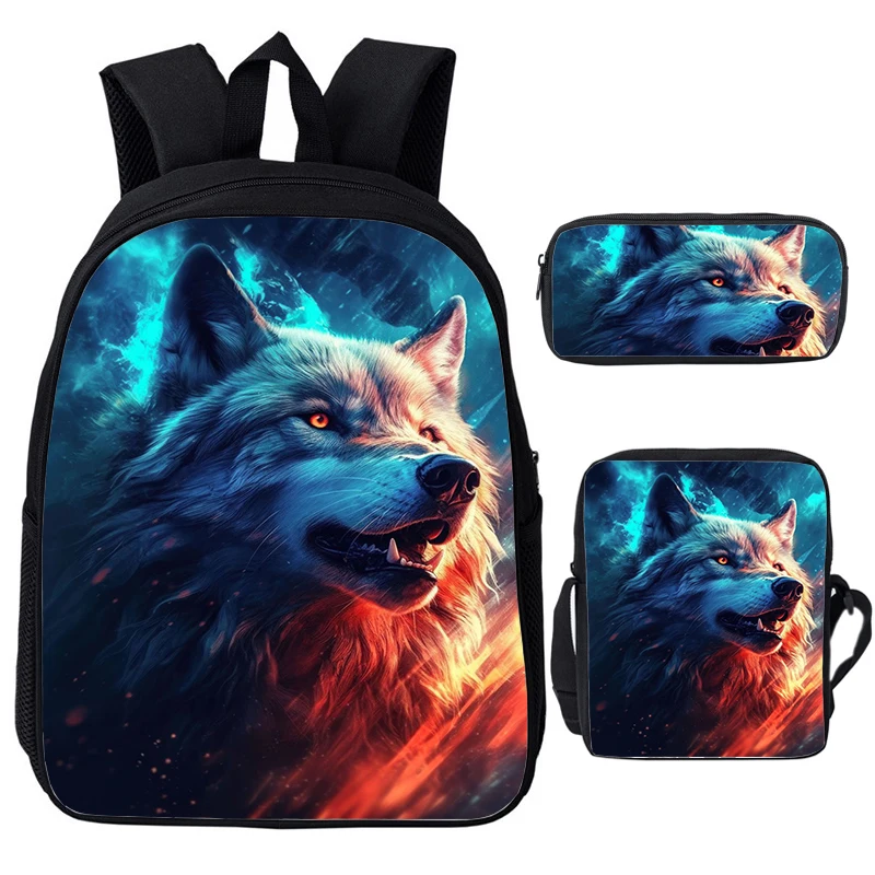 Cosmic Wolf Mochilas Crianças Mochila 3 pçs Conjunto Crianças Bookbags Adolescente Bolsa para Laptop Meninos Meninas Saco de Escola Saco de Almoço Estojo de Lápis