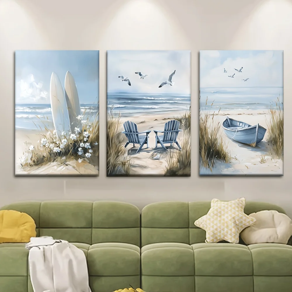 3pcs/set, Canvas painting--Unframed, Surfboards, chairs, boats, Posters and prints, living room, library, office, cafe, bar,