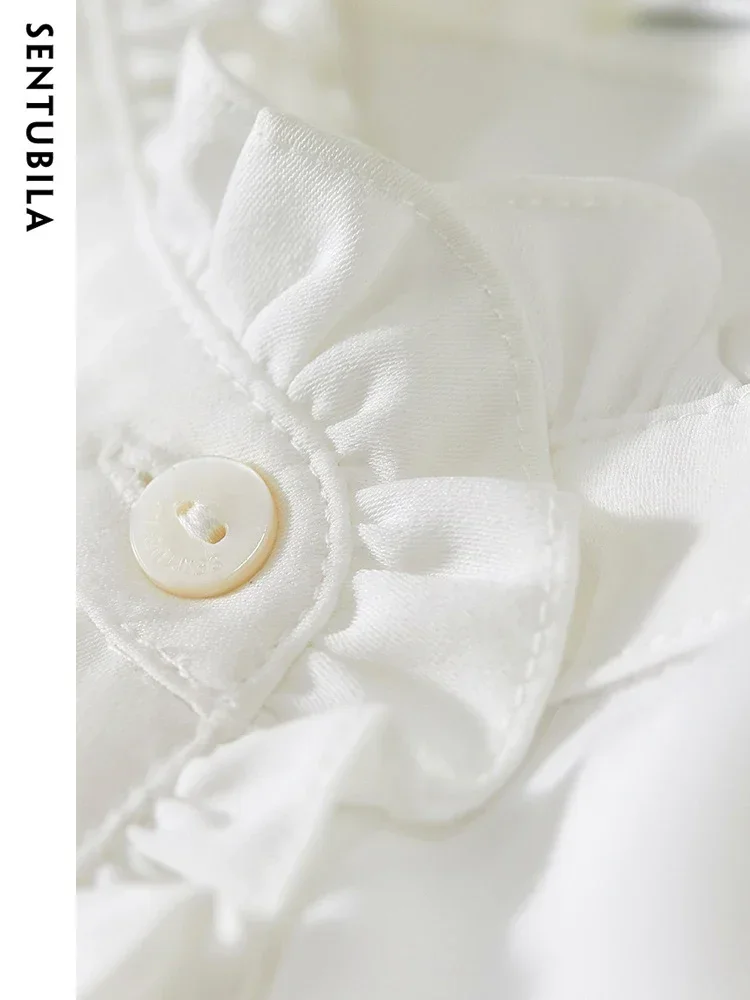 SENTUBILA Elegant Ruffled White Shirts for Women 2025 New Fashion Stand Collar Long Sleeve Chiffon Tops Office Wear 131V46907