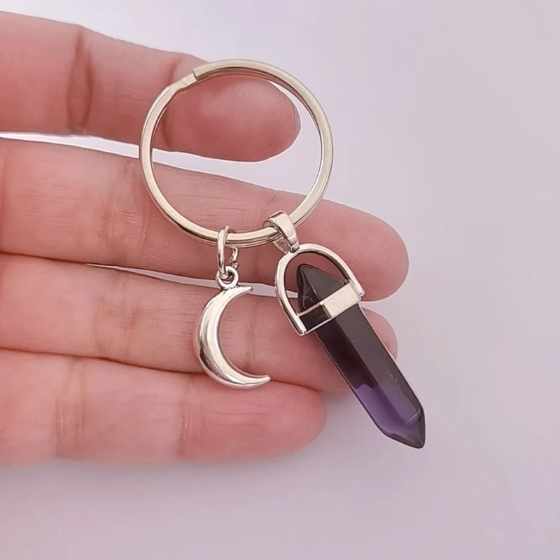 Natural Gem Stone Crystal pendant Keyrings moon Hexagon prism Nuggets Quartz keychain for men Women