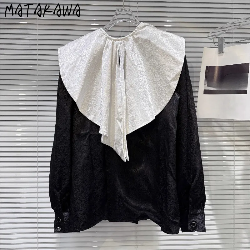 

Matakawa Satin Blouses Contrast Color Vintage Spring Autumn Elegant Women Shirts Korean Fashion Vintage Chic Simple Blusas Mujer