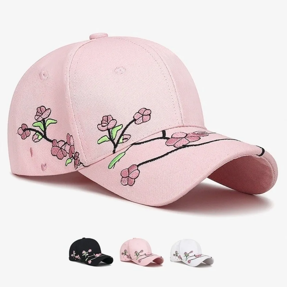 Fashion Peach Blossom Embroidery Baseball Caps Adjustable All Seasons Visor Cap Casual Peaked Cap Women Men
