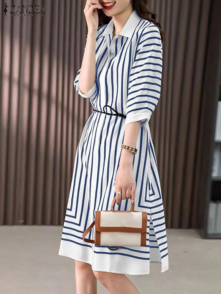 Zanzea Vrouwen Revers Kraag Gestreepte Midi Shirt Jurk Koreaanse Halve Mouw Gewaad Casual Kantoor Lange Jurk Elegante Werk Vestidos