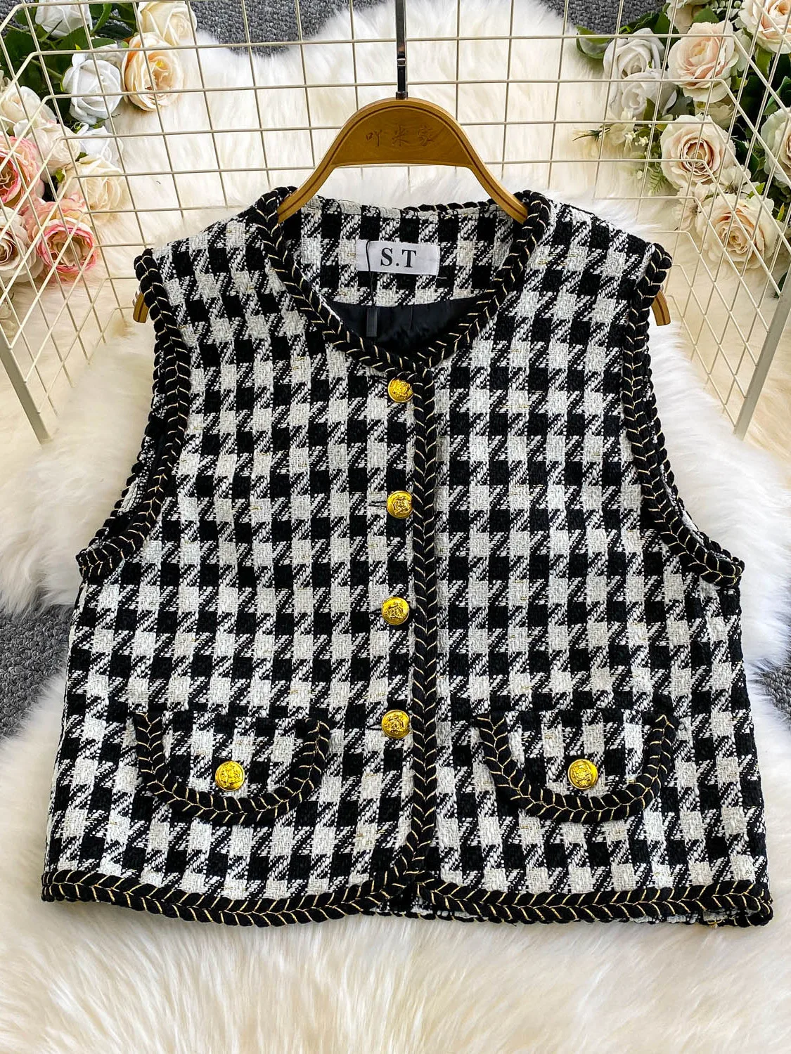 

Retro Sle Knitted round Ne Svel Vest Women's Summer Slimming Top Metal Bule Casual Commute Polka Dot Pattern