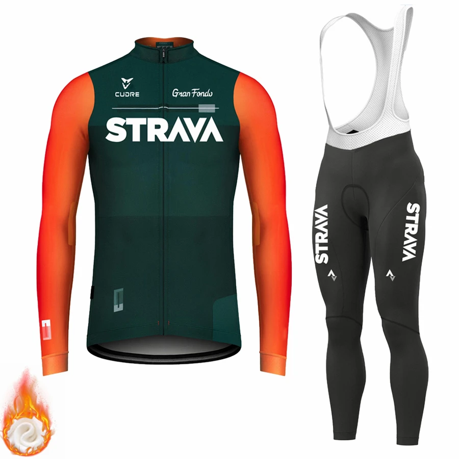 STRAVA Cycling Clothing Man Winter Thermal Fleece Men Mtb Men\'s Male 2024 Jersey Team Laser Cut Blouse Sports Set Triathlon Suit