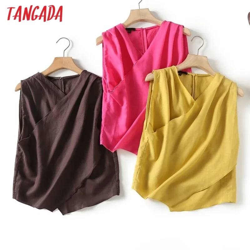 Tangada 2024 Women Cotton Linen Cropped Tank Female Cross Sleeveless Shirt Top 4C124