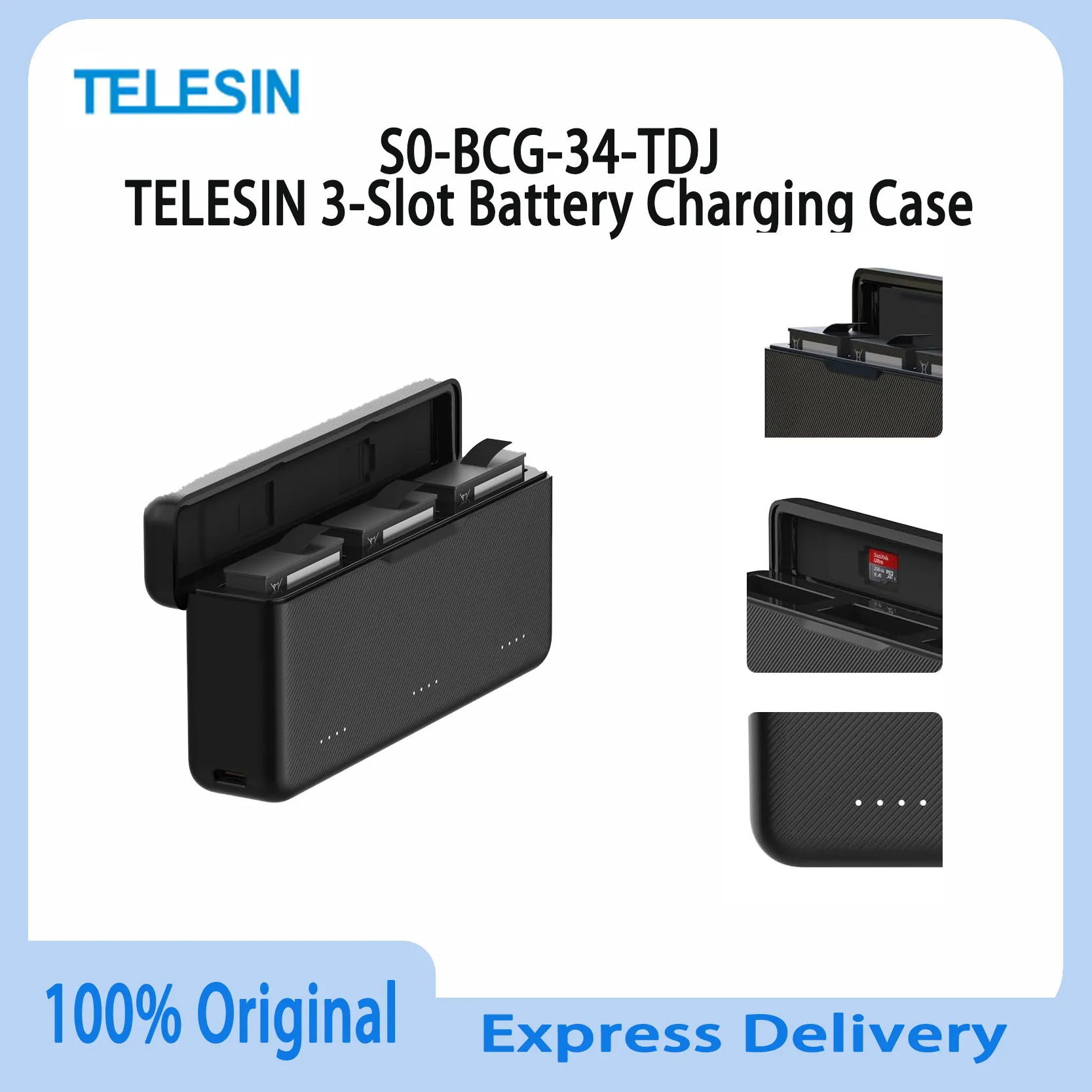 オリジナルtelesin-pd30急速充電ケース、dji-osmo-action-5-pro-3-4バッテリー充電器用トリプルスロット付き、type-cコード付属