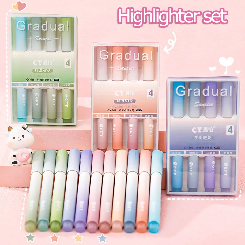 4PCS Color Markers Kawaii Highlighter Pen Macarons Colored Slanted Tip Brush Stationery School Art Supplies for Gifts