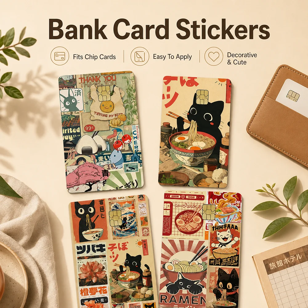 Cute Retro Cat Ramen Bank Card Sticker Skin Decorative Cover Debit Credit Card Chip Cards Scratch Resistant Easy Apply Design