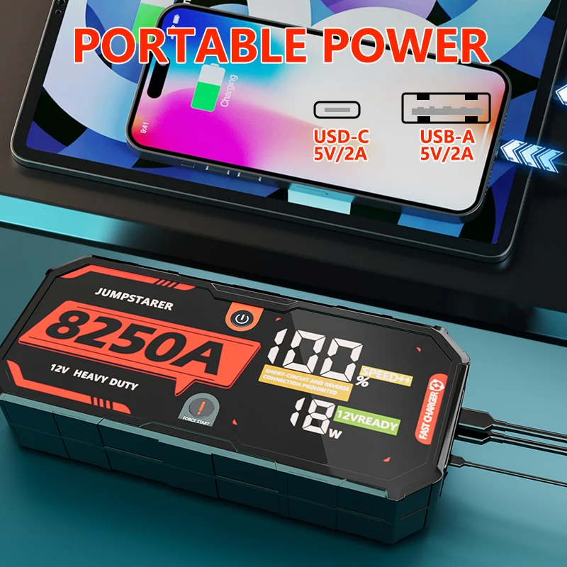 Pacote de partida portátil para bateria de carro, 12v 8250a, para motores de gás de até 13l e 16l del com cabo de ligação pd65w 32000mah