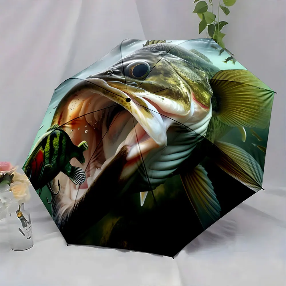 1PC Realistic fish design umbrella showcasing underwater art Print 8 Iron Ribs Folding Umbrella Auto-Open Fashion Sunshade