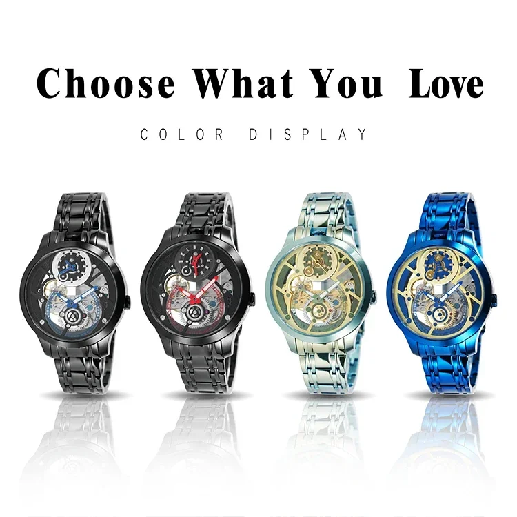 Blue Hollow Out Design Automatic Watch Quartz Mechanical Dual Movement Men's Luxury Watch Stainless Steel Luminous Fashion Watch