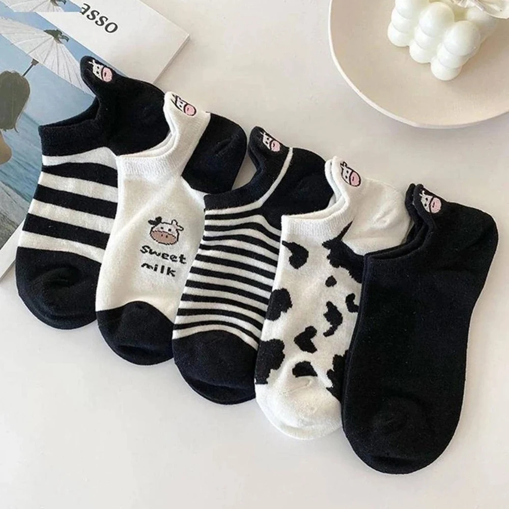 

5 Pairs Women Cow Patterned Boat Socks Trendy Versatile Cartoon Striped Girl Socks Soft Comfortable Breathable Casual Socks﻿﻿