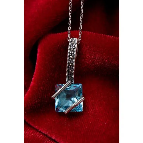 Nineveh Silver Square Model Aqumarin And Marcasite Sterling Silver Necklace