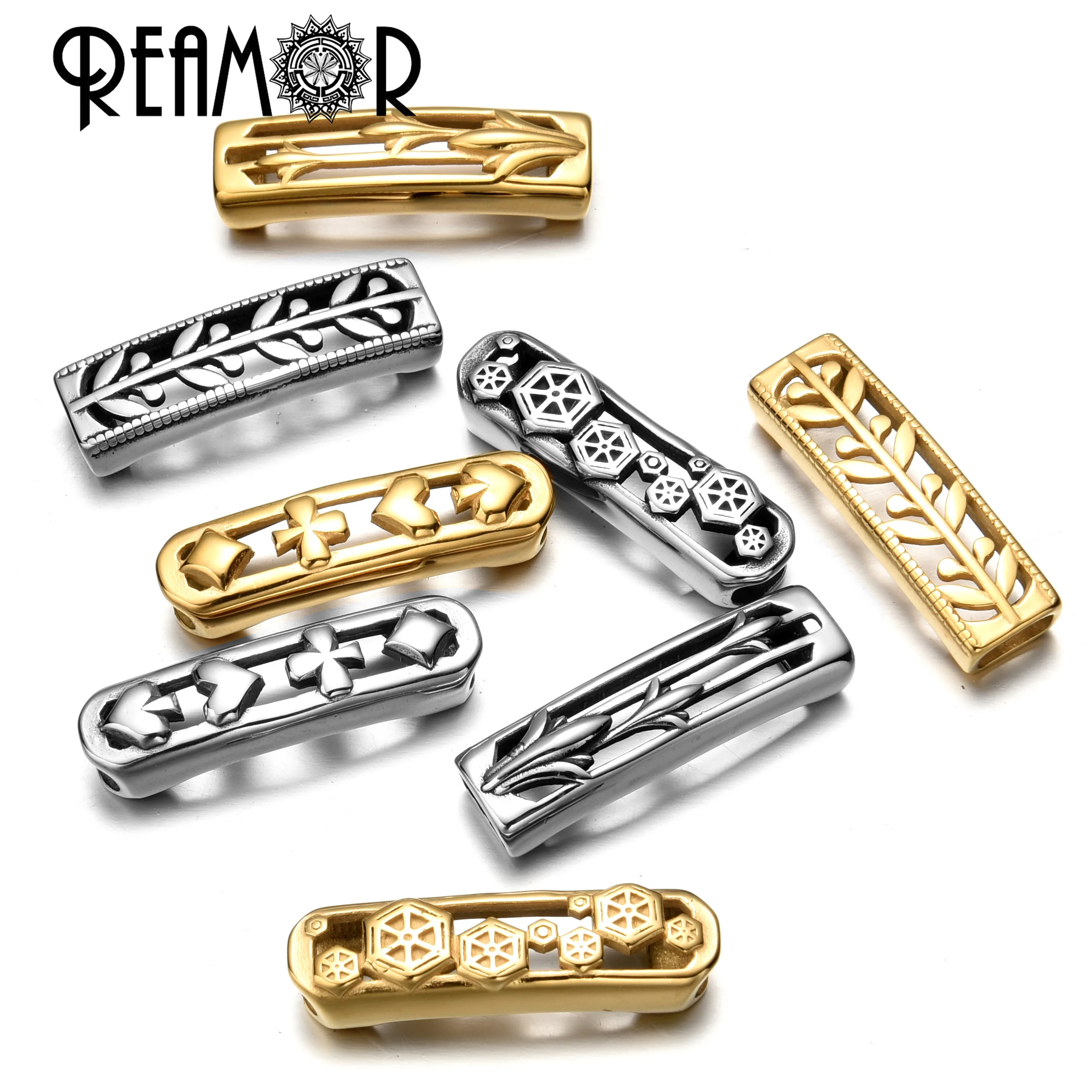 REAMOR Gold Color Stainless Steel Hollow Geometric Slider Beads 8*4mm Square Hole Beads DIY Leather Bracelets Jewelry Accessorie