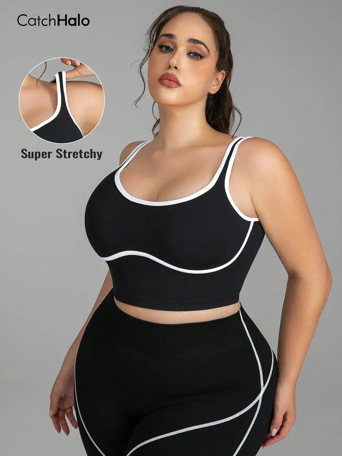 Women Plus Size Seamless Bralette Contrast Trim Ribbed Yoga Bra U-Back Breathable Fitness Gym Workout Crop Top view 4