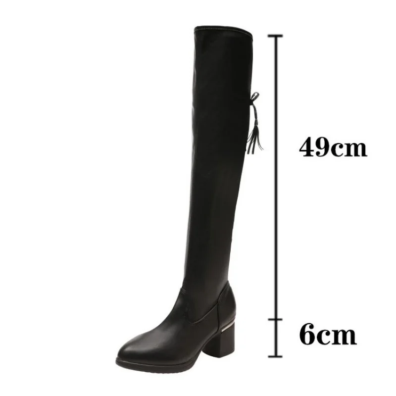 أحذية نسائية سوداء فوق الركبة أحذية جانبية من الدانتيل بكعب عريض من جلد البولي يوريثان أحذية عصرية متعددة الاستخدامات للخريف والشتاء #6