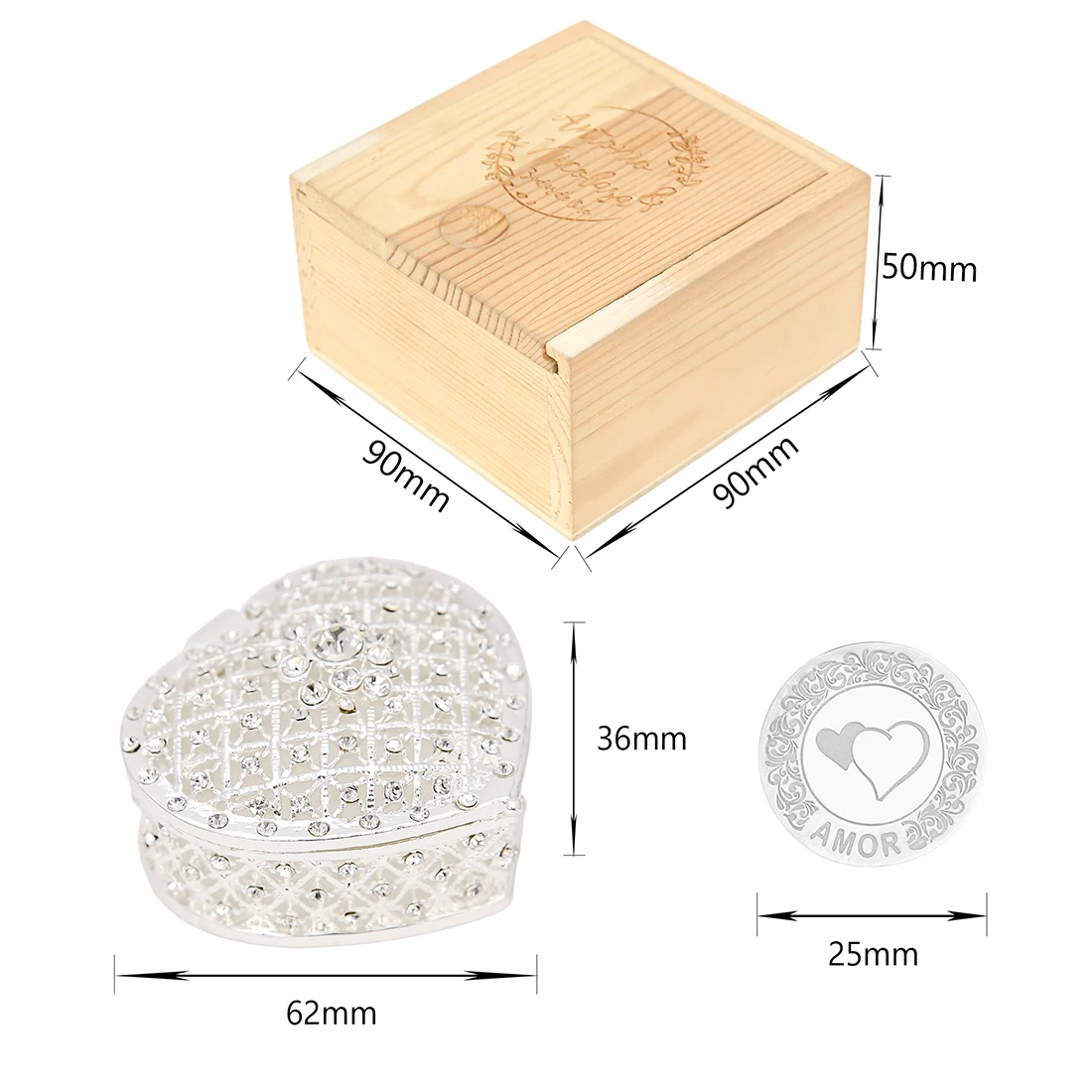 Personalized 13 pcs Spanish Arras Para Boda Catolica - 13pc Wedding Unity Coins with Diamond Heart Shaped Box