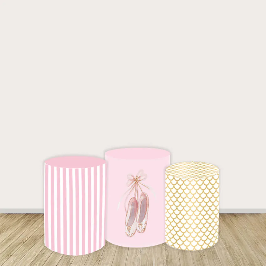 Mehofond cubierta de cilindro personalizada telón de fondo zapatos de Ballet rosas rayas niños fiesta de cumpleaños zonas Pedestal decoración de fondo elástico