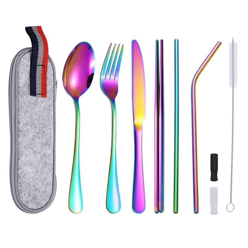 Pink Gold Dinnerware Set Travel Camping Cutlery Set Knife Fork Spoon Chopsticks With Portable Bag Stainless Steel Tableware Set