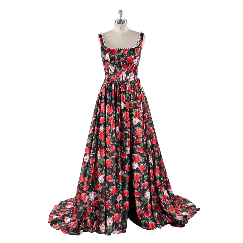 

Long Satin Printed Floral Prom Dress A Line Evening Dress for Women 2025 YW250081