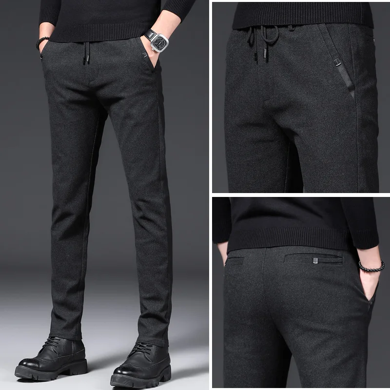 Brand Autumn Winter Brushed Fabric Casual Pants Men Thick Business Work Slim Cotton Black Grey Trousers Male Plus Size 38