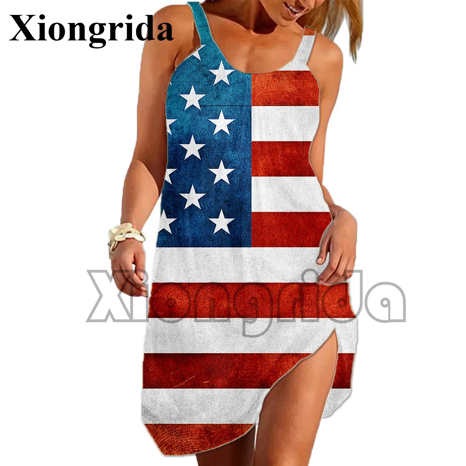 

Women Casual Sleeveless Dresses USA American Flag Print Womens' Fashion Loose Camis Dress Female Hawaii Homewear Beachwear