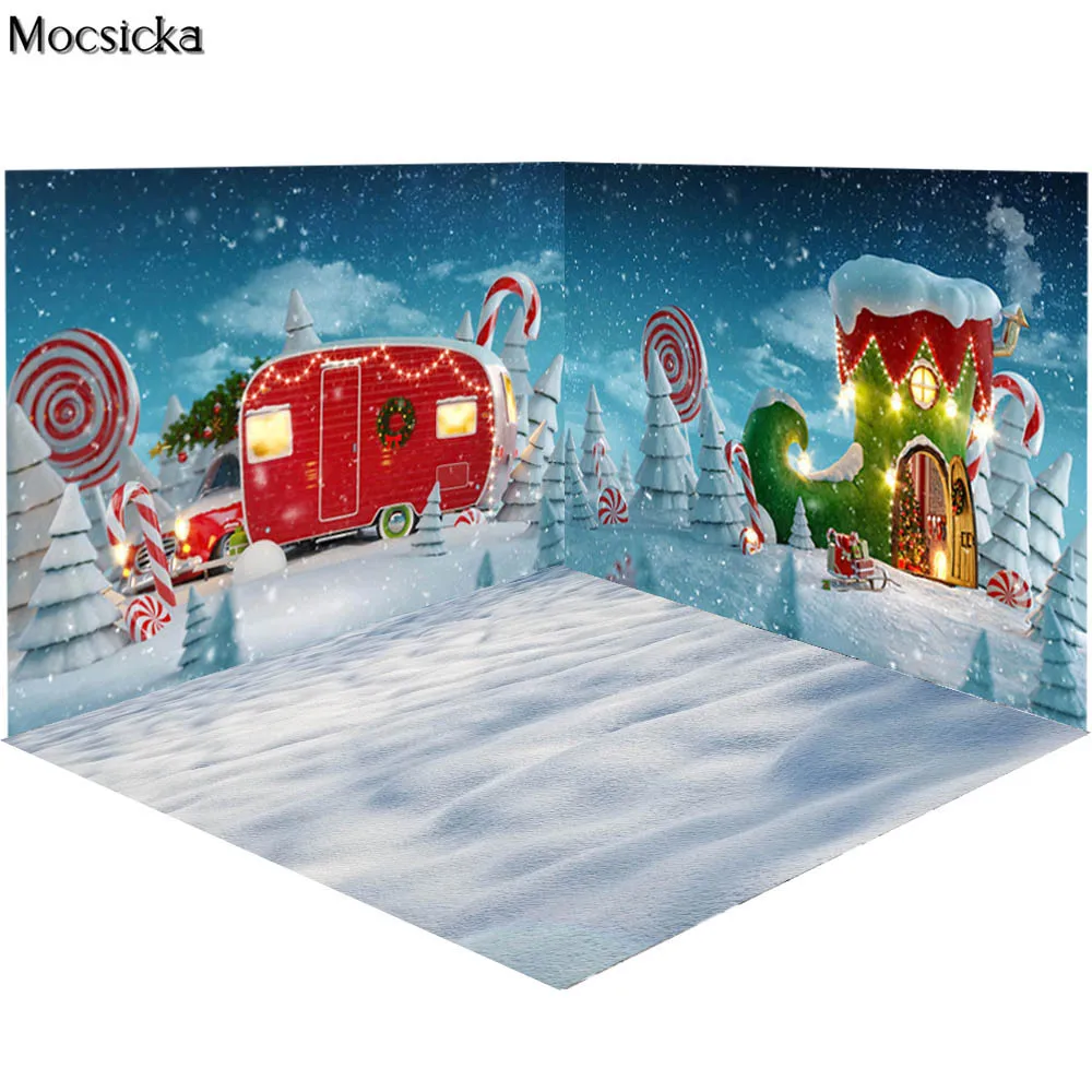 

Christmas Rooms Candy House Photography Backdrop Winter Snow Santa Claus Boots Candy Wand Kids Family Portrait Photo Background