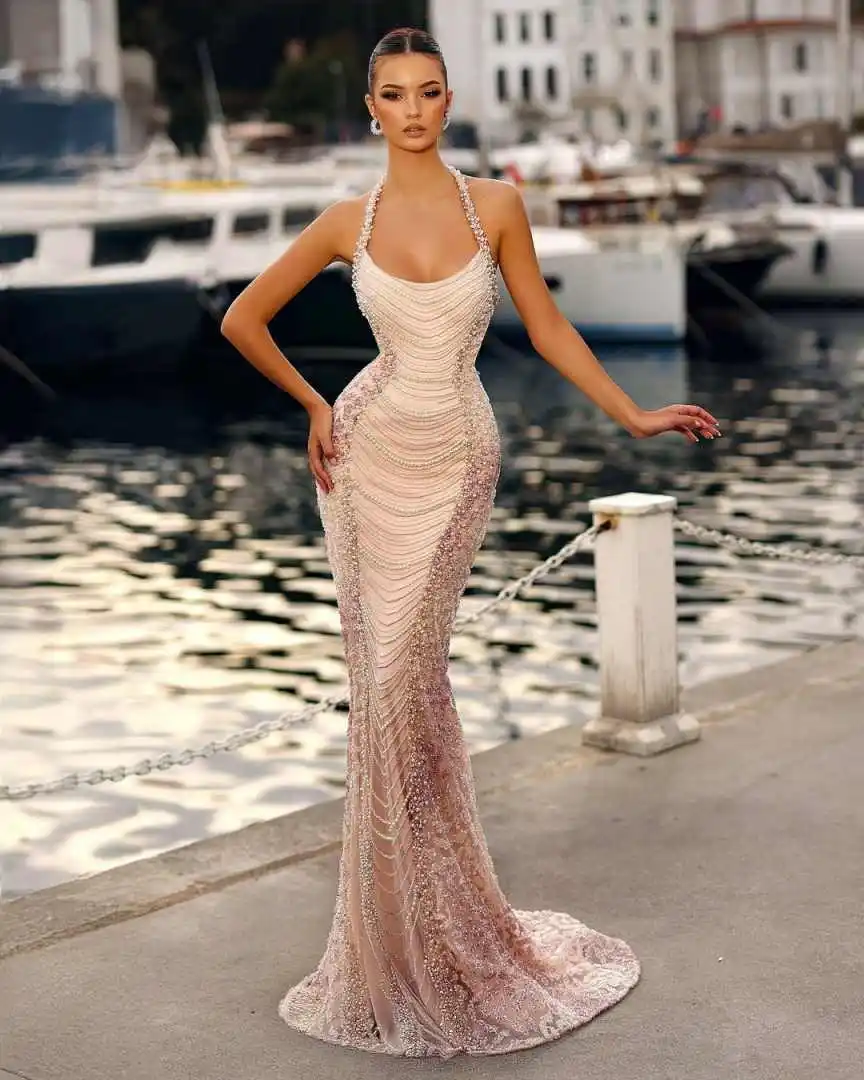 Robe fourreau exquise robes de bal Appliques paillettes roses robes de soirée en dentelle avec licou robes de soirée longueur au sol personnalisées