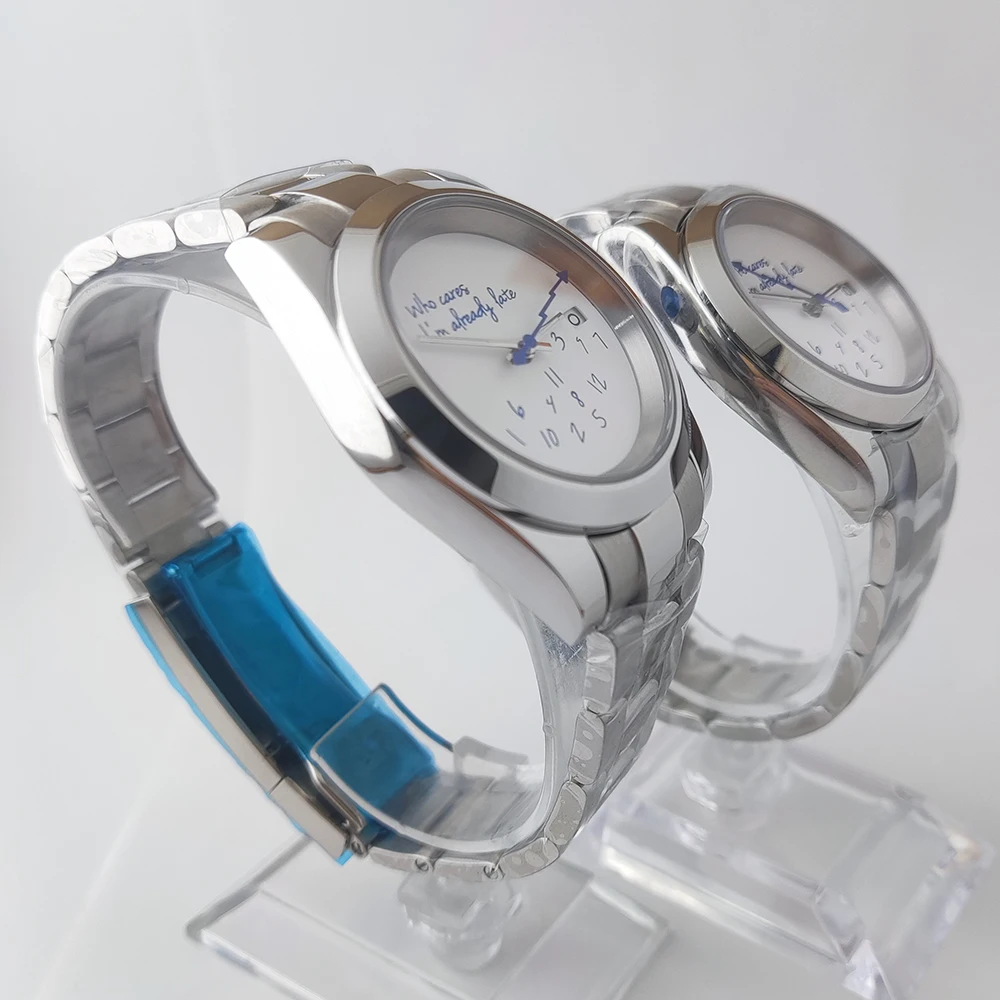 36mm/39mm NH35 Hot Watch Who cares I'm already late Watch No Logo Blue Text Dial Sapphire Crystal Glass NH35 Automatic Watch