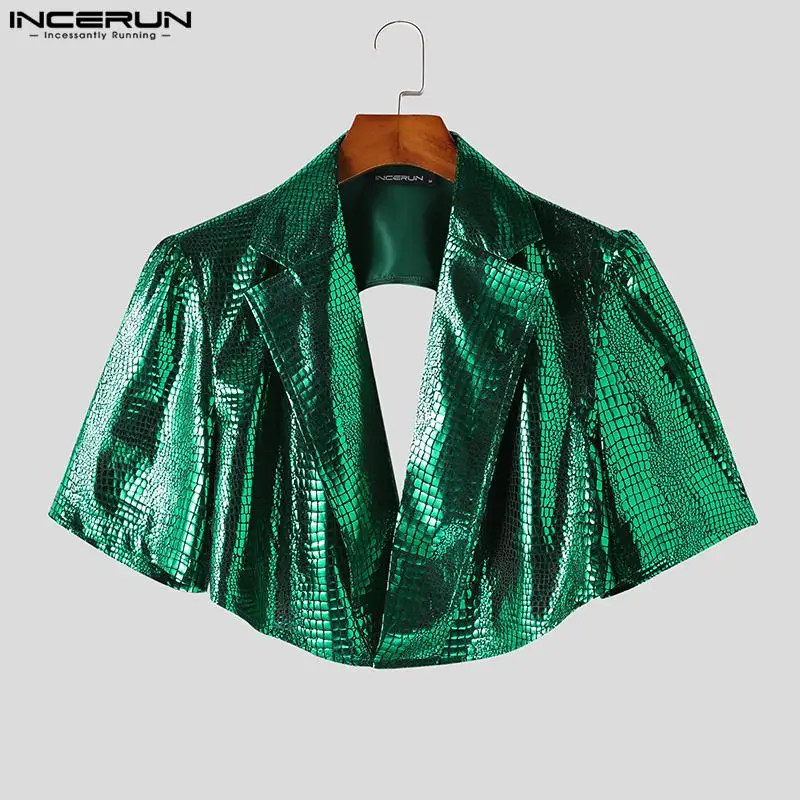 INCERUN Tops 2024 American Style New Men\'s Texture Reflective Fabric Design Blazer Casual Short Sleeved Cropped Suit Coats S-5XL