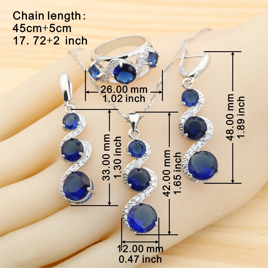 Classic Blue Zirconia 925 Silver Jewelry Sets for Women Earrings Necklace Pendant Ring Bracelet Wedding Gift