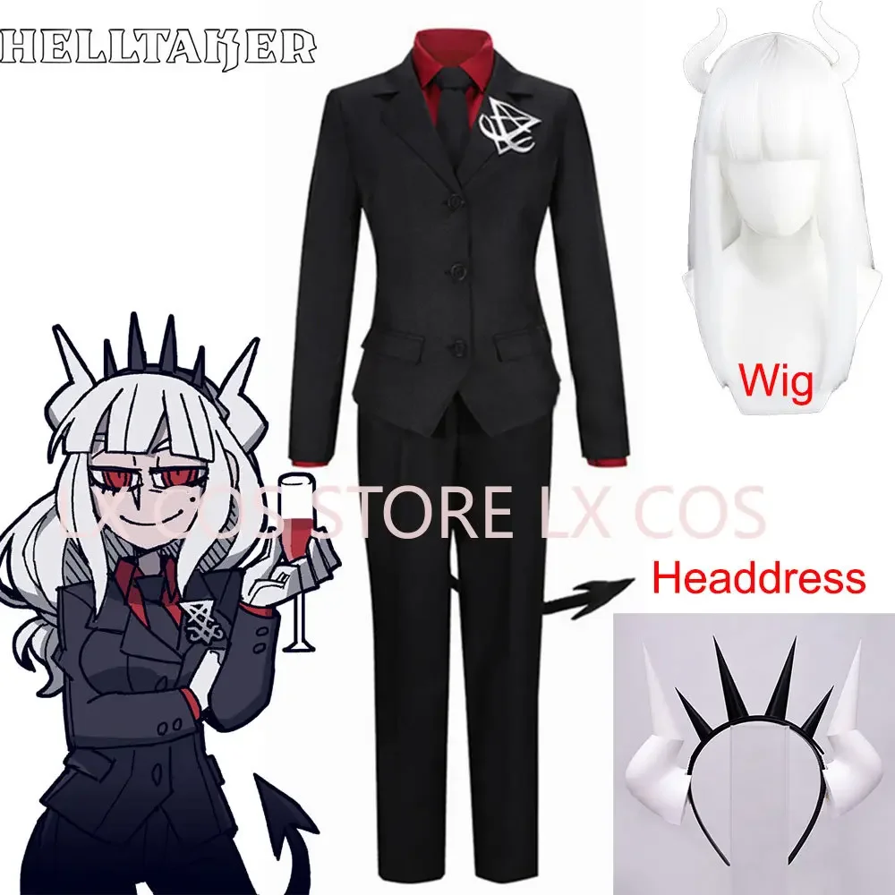 Game Helltaker the ceo of hell Lucifer Cosplay Costume Adult Women Men Outfits Shirt Pants Jacket Gloves Tail Halloween Carnival