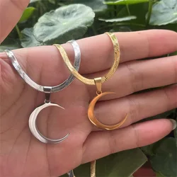 Stainless Steel Curved Crescent Moon Pendant Necklace OX Horn Flat Blade Snake Chain Necklaces for Women Delicate Kolye Jewelry