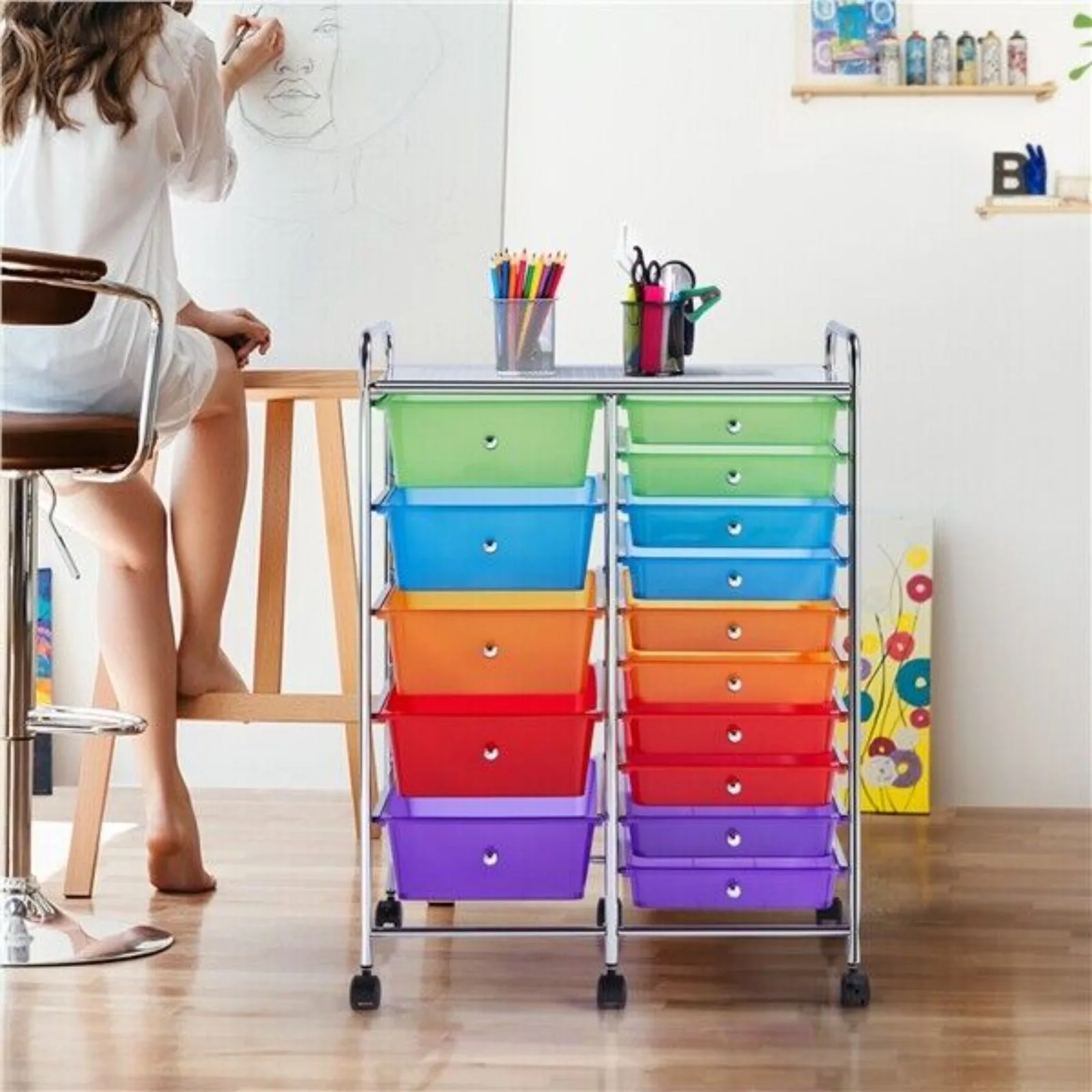 

US 15 Drawer Rolling Storage Cart Bin Office School Tools Scrapbook Paper Organizer