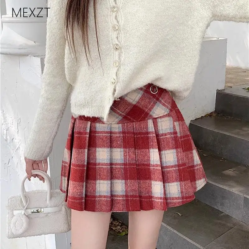 American Hottie Plaid Skirt Women Fall Winter Faux Woolen Pleated Skirt Vintage Preppy Style High Waist A Line Mini Skirt New