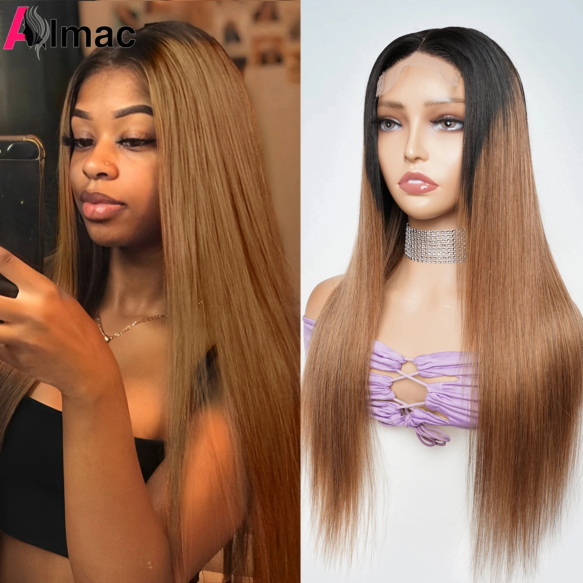 

1B 27/30 Ombre Brown Color Lace Closure Wig Straight Human Hair 4x1 T Part Lace Wigs For Black Women Indian Remy Pre-Plucked