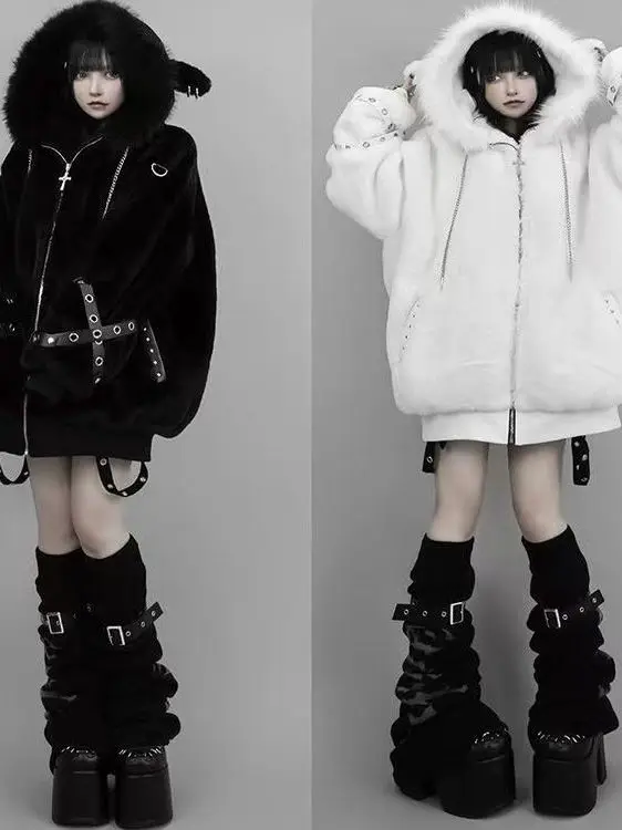 

Harajuku Sle Y2K Women's Faux Fur Jaet Autumn Winter Punk Subculture Cute Little Lamb Ear Coat Comfortable Long Sve Ho...