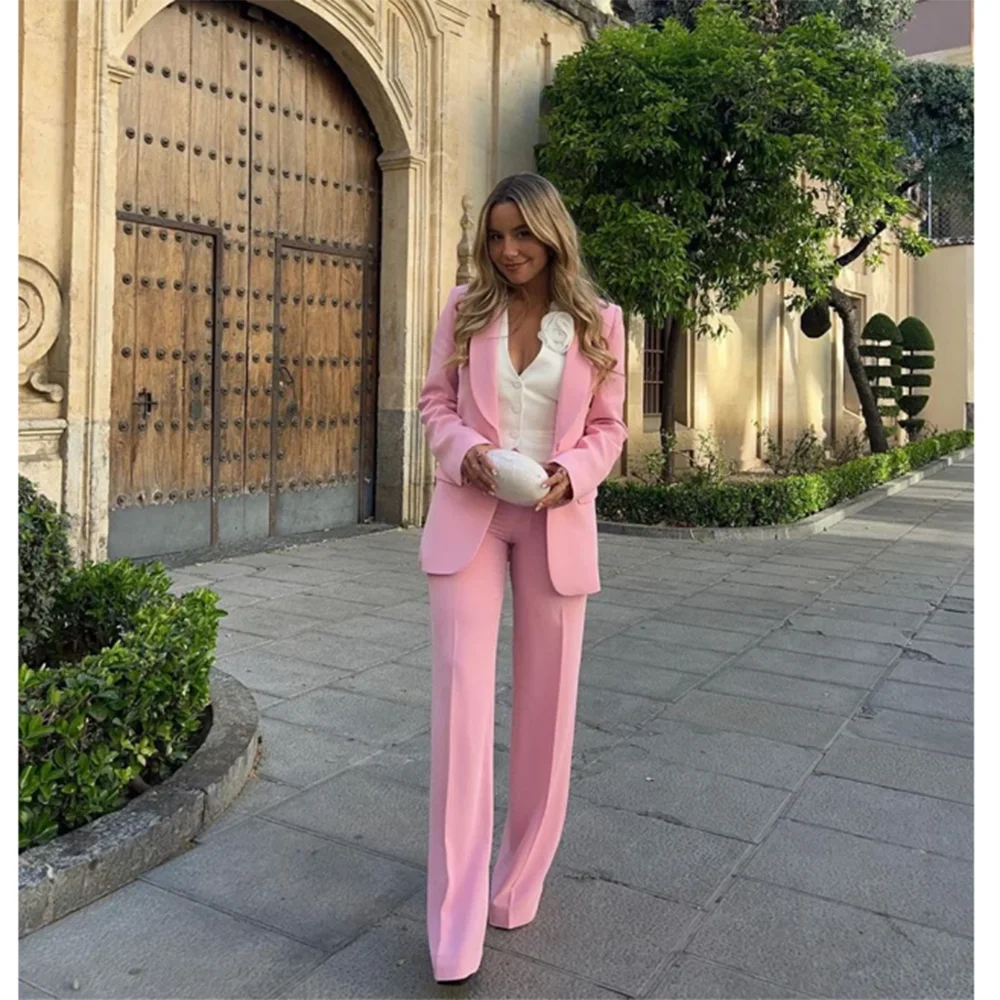 Pretty Sweet Elegant Pink Women Suit 3 Piece Jacket Pants Vest Single Breasted Female Clothing Office Lady Slim Fit Blazer Set