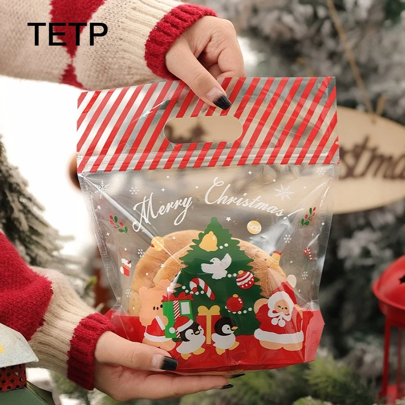 TETP 50Pcs Christmas Bread Packaging Bags With Handle New Year Party Handmade Cookies Candy Gift Lollipop Decoration For Kids