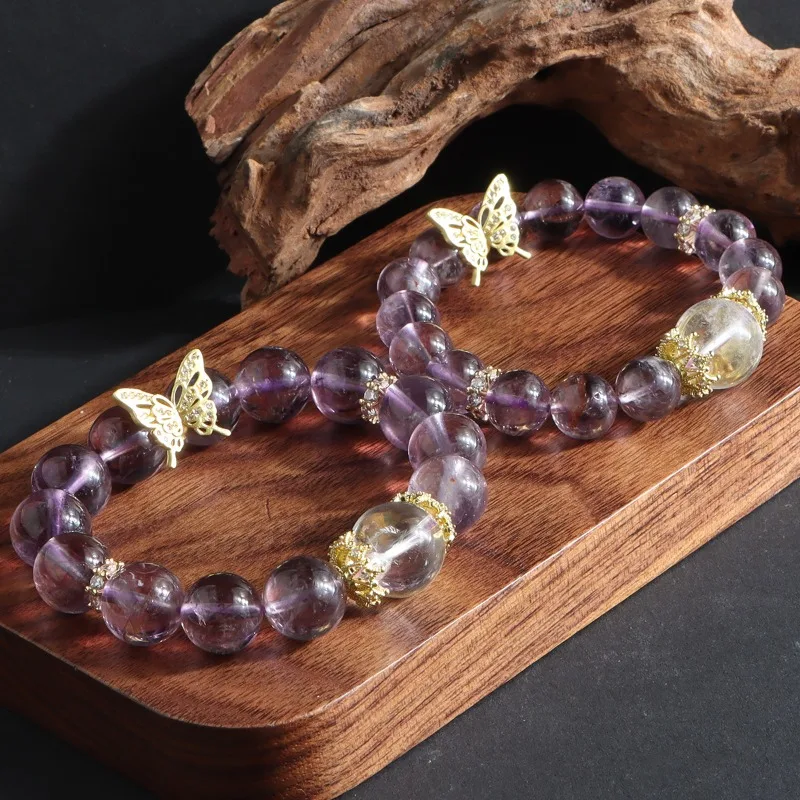 

Minar Dainty 10 12mm Purple Transparent Crystal Natural Stone Crystal Hollow Butterfly Elastic Strand Bracelets for Women Gift