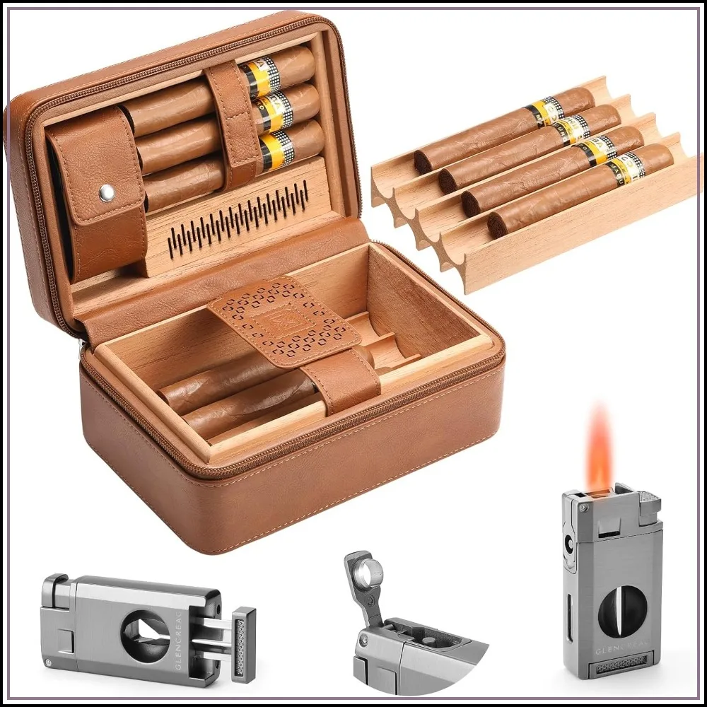

Double Layer Travel Cigar Case for 11 Cigars, Leather with Spanish Cedar Lining, Built-in Hygrometer & Humidifier, Torch Lighter with V Cutter
