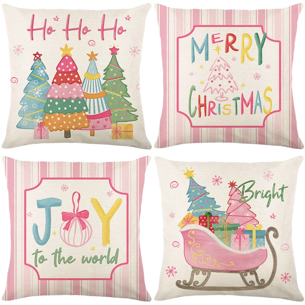 Pink Pastel Christmas Tree Sleigh 4Pcs Throw Pillow Covers, Home Decor Cushion Cases for Sofa Bedroom