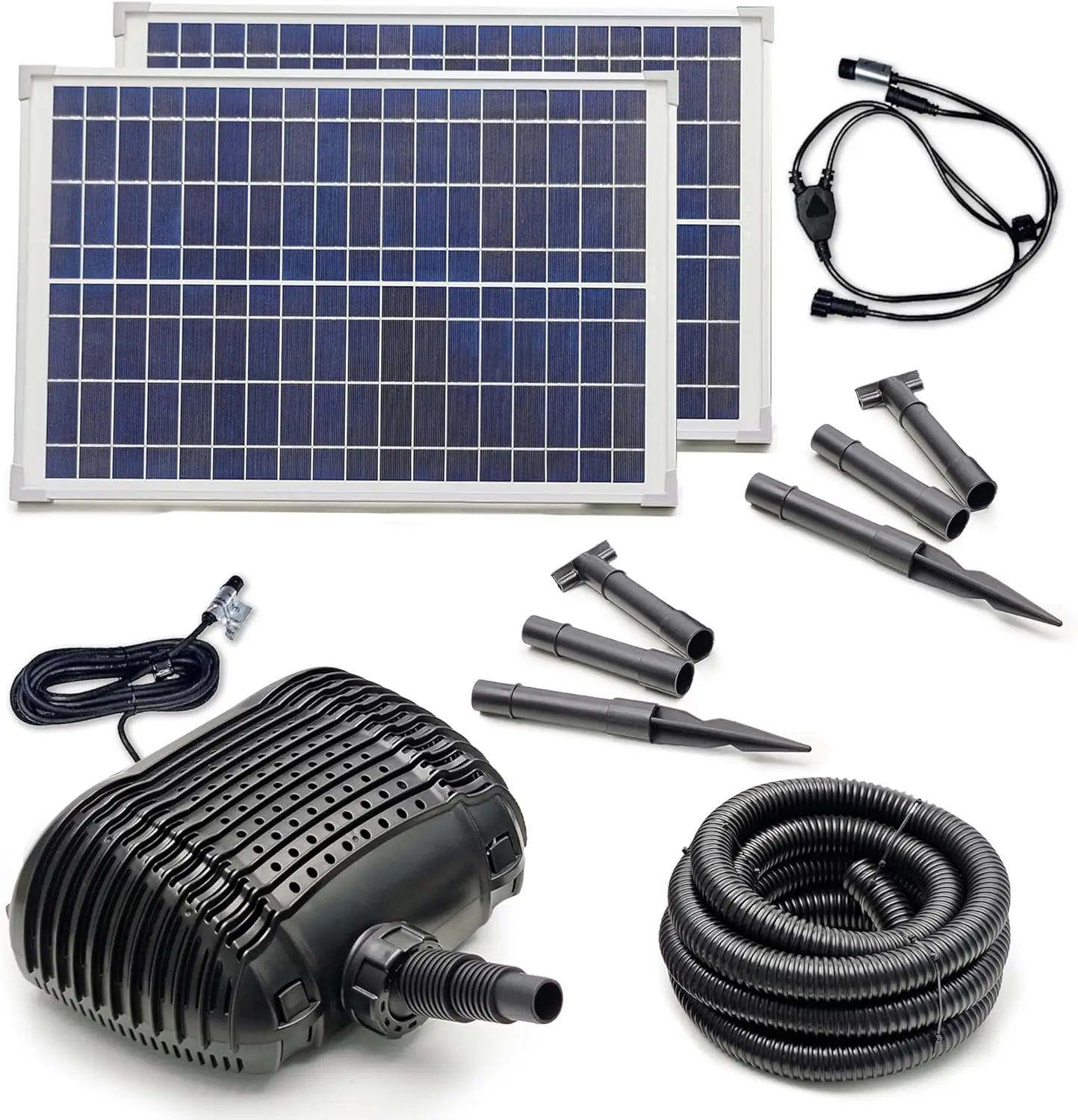 l Submersible Solar Powered Pond Pump Kit with Panels and Hose. No Battery. Advanced design