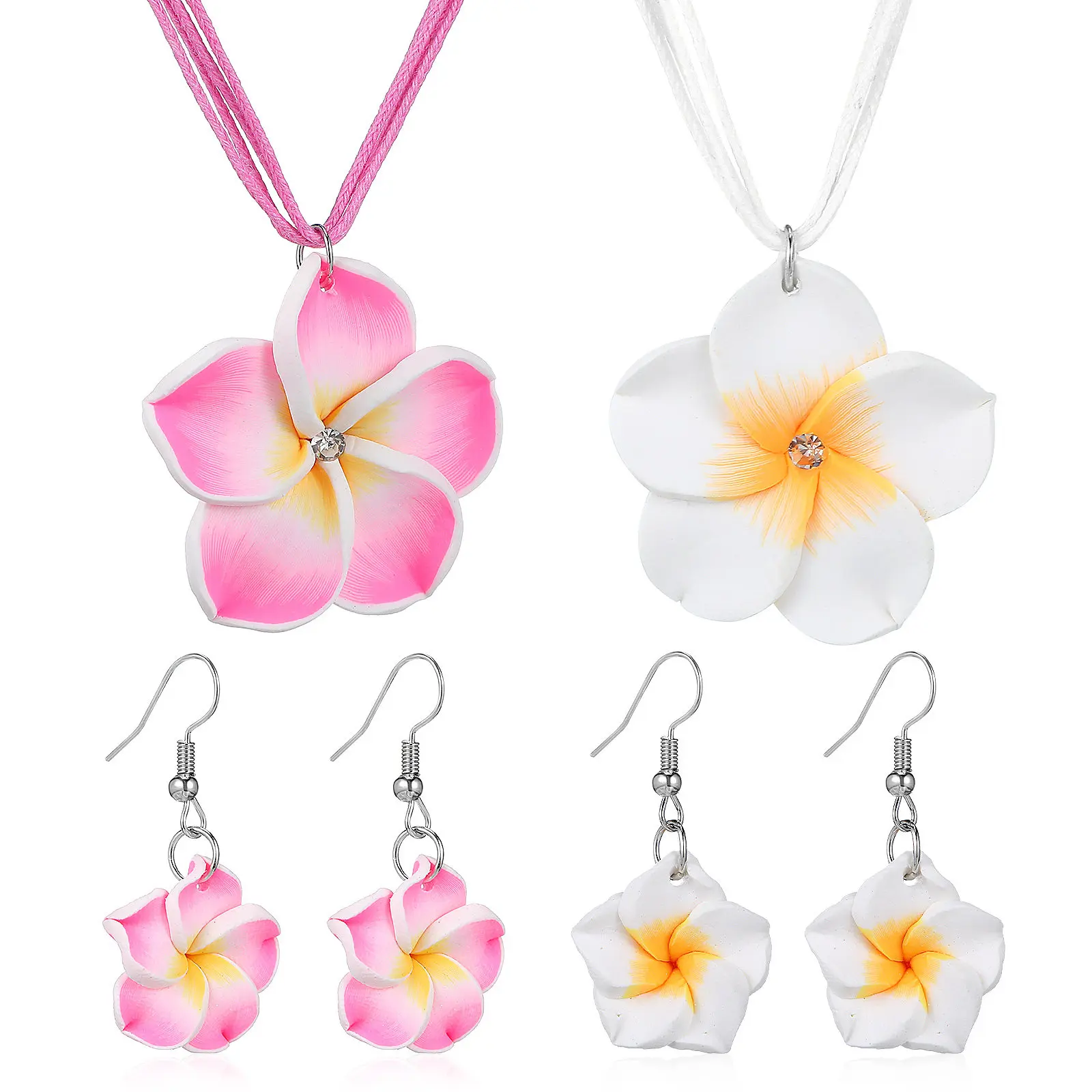 Plumeria Flower Necklace and Earrings Set for Women – Lightweight Hawaii Theme Jewelry for Party, Luau, Gift