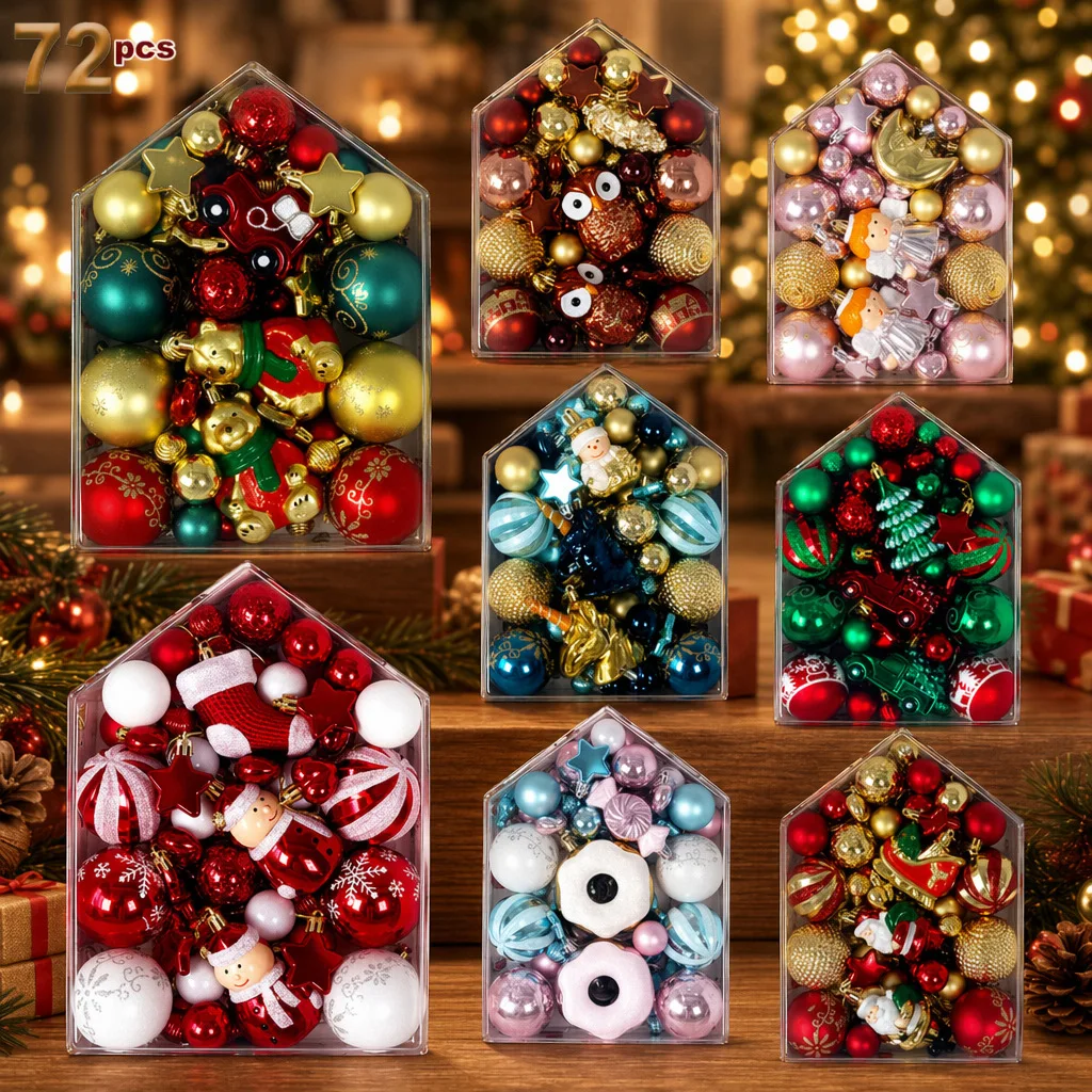 72pcs New Christmas Ball House Set Painted Irregular Christmas Tree Ornaments Red Green Holiday Decorations