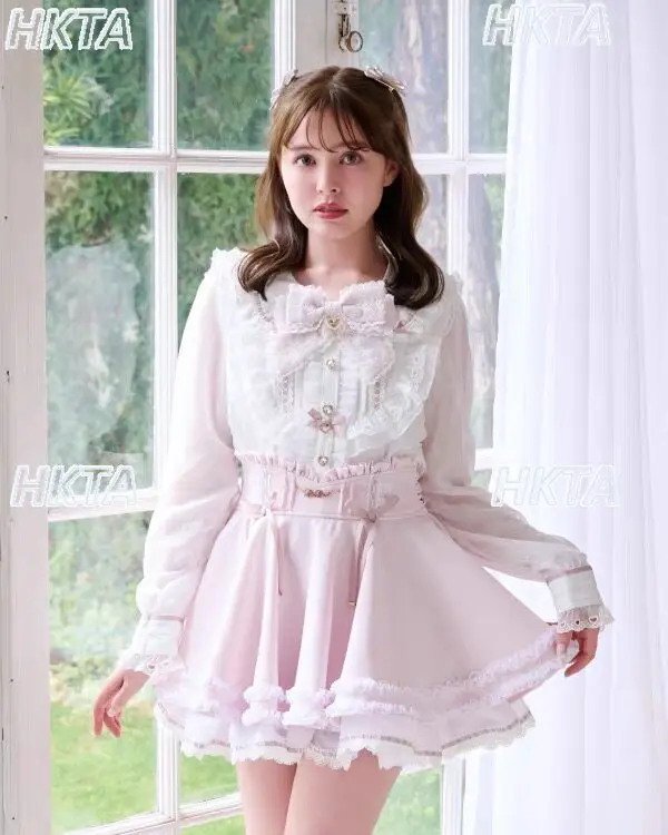 

Japanese Liz Blouse Color Matching Sweet Doll Collar Long Sleeve Shirt Cute Lolita Lace Bow Black Blouses Top Women Autumn