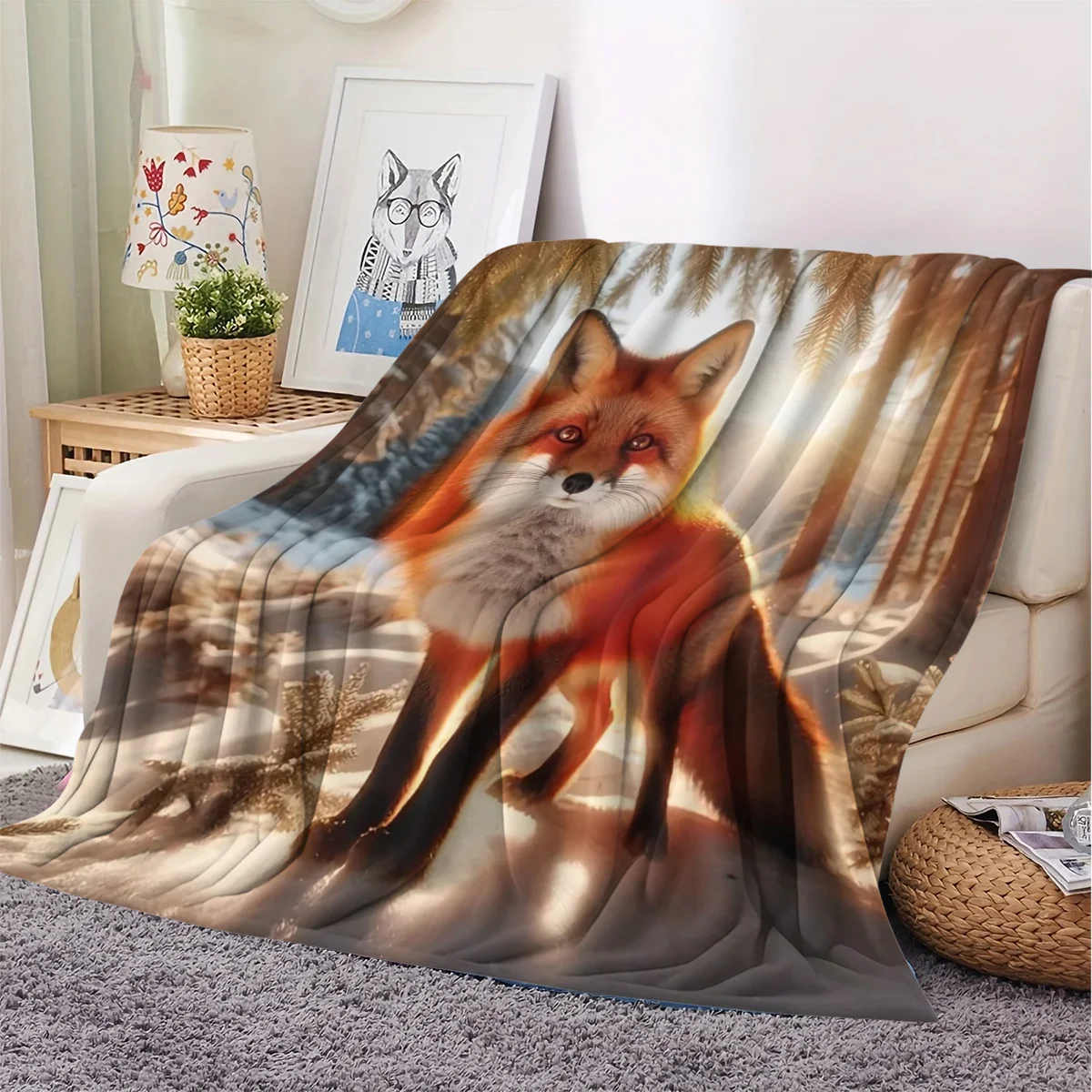 Winter Fox Pattern Flannel Throw Blanket, Air Conditioning Blanket for Dorm and Office Naps, Printed Flannel Blanket, Gift for F