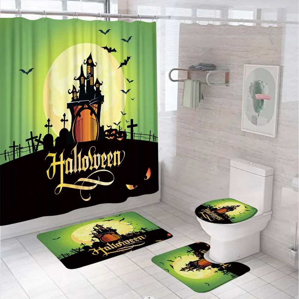 4Pcs Crow Witch Pumpkins Bathroom Shower Curtains Set Halloween Holiday Tree House Bat Screen Non-Slip Bath Mat Rug Toilet Cover