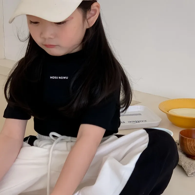 Children Clothing 2024 New Fashionable Casual Korean Style Spring Girls Short Sleeve High Collar Strip Short Sleeve Top